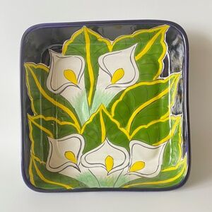 Vintage Talavera Pottery Decorative Bowl: Hand Painted Lilies, Lead Free